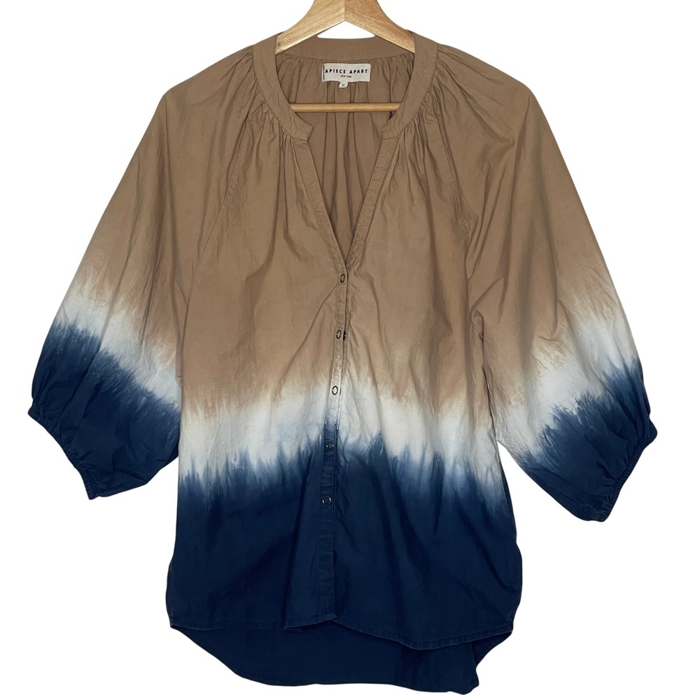 Apiece Apart Tan Navy Ombre‎ Organic Cotton Snap Front Blouse Medium